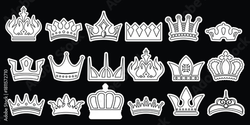 Collection of Various Crown Designs in White Outlines on Black Background