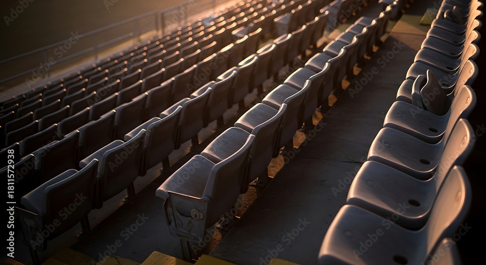 Fototapeta premium Empty Stadium Seating Under Warm Golden Hour Sunlight, Ready for an Event