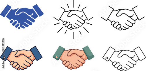 Handshake Icon Vector Set with Outline, Color, and Solid Styles, Business Partnership Agreement, Teamwork Success and Greeting Symbol.