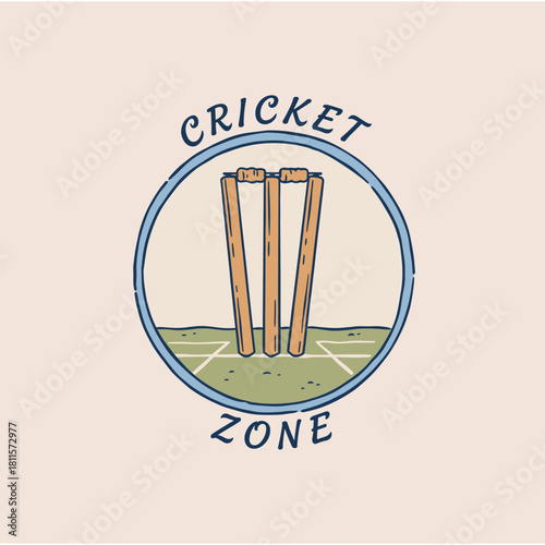 Cricket Wickets Emblem.Vintage Sport Badge Design.Hand Drawn Cricket Stumps.Retro Pitch Logo Icon.Cricket Zone Vector Art