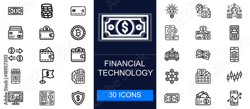 Financial technology icon set. Digital payments, mobile banking, transactions, wallets, analytics, automation, crypto and more. Thin line vector icons collection for fintech and modern financial tools