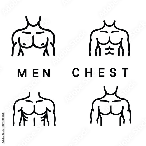 Men Chest Muscle Definition Line Icons, Torso and Abdomen Fitness Icon Set, Outline Illustrations of Male Upper Body, Graphic Showing Different Body Types of Men's Chest, illustration, vector.