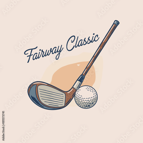 Classic Golf Driver and Ball.Retro Fairway Club Design.Vintage Golf Sport Emblem.Hand Drawn Golf Illustration.Sport Apparel T shirt Graphic