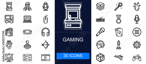 Gaming icon set. Consoles, PCs, controllers, esports, streaming, accessories, characters, scoreboards and more. Thin line vector icons for video games, entertainment and digital gaming platforms.