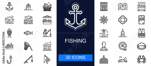 Fishing icon set. Angling, boats, nets, fish species, bait, gear, marine tools, seafood, navigation and more. Thin line vector icons collection for hobby fishing, marine work and seafood industries.