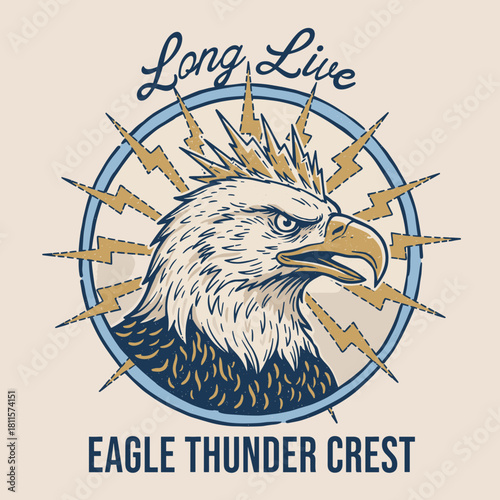 Retro Eagle Thunder Crest.Vintage Mascot Badge Design.Lightning Bald Eagle Emblem.Hand Drawn Bird Mascot.Classic Tattoo Style Crest