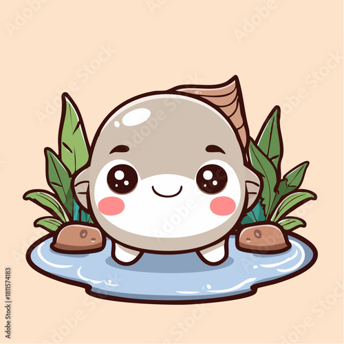 Adorable cartoon fish, a charming aquatic creature with big, innocent eyes, gently resting in a serene water puddle, surrounded by lush green plants, radiating whimsical charm