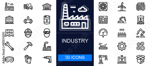 Industry icon set. Factories, machinery, tools, automation, production, logistics, safety gear, engineering and more. Thin line vector icons collection for manufacturing, industrial and engineering se