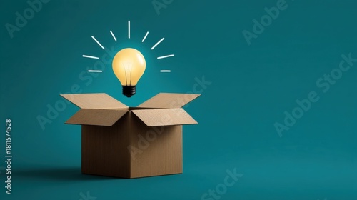 An open cardboard box with a glowing light bulb floating above it,