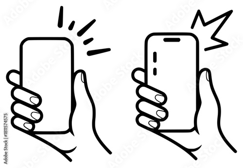 Two hands holding smartphones, one with flash and one with signal lines