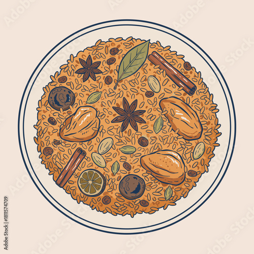 Delicious Biryani Rice Dish.Traditional Middle Eastern Food.Spiced Basmati Rice Illustration.Hand drawn Indian Cuisine.Plate of Flavorful Pilaf