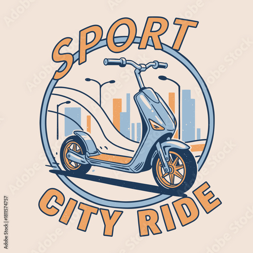 Retro Scooter City Badge.Urban Electric Ride Emblem.Sport City Scooter Illustration.Vintage E-Scooter Vector.Mobility T-Shirt Graphic