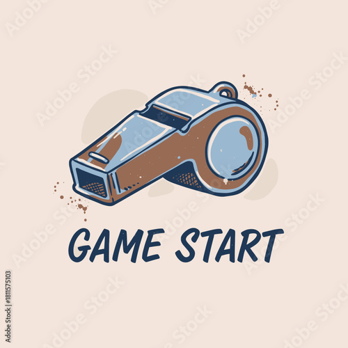 Retro Game Start Whistle.Vintage Referee Whistle Icon.Sport Coaching Vector Graphic.Distressed Hand Drawn Whistle.Blow the Whistle Signal Emblem