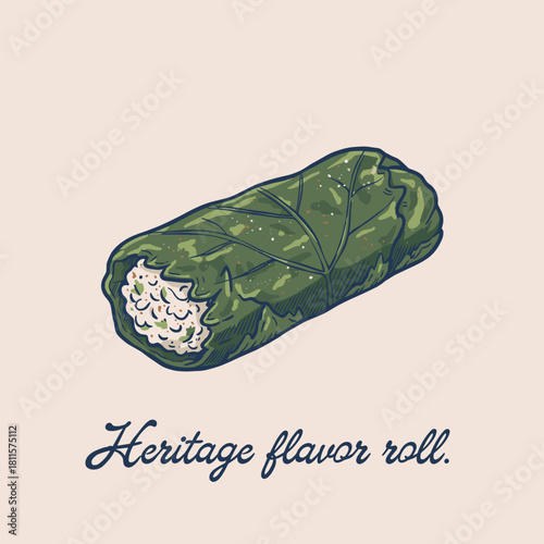 Hand Drawn Dolma Illustration.Traditional Grape Leaf Roll.Vintage Middle Eastern Food.Stuffed Vine Leaves Vector.Delicious Ethnic Cuisine Art