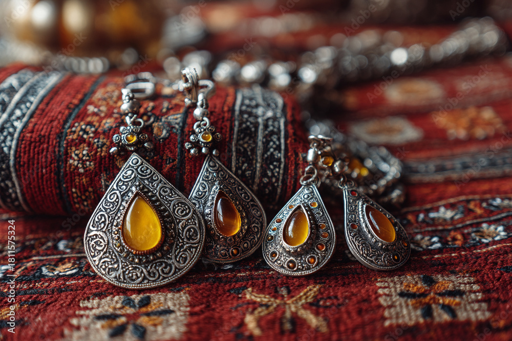 Fototapeta premium A collection of intricately crafted Yemeni silver jewelry, adorned with amber and agate stones, displayed on a traditional textile.