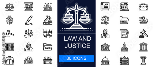 Law and justice icon set. Legal systems, courts, contracts, documents, lawyers, scales, rights, police, trials and more. Thin line vector icons for legal work, justice, regulation and public instituti