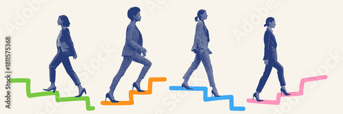 Female business figures taking steps up a colorful staircase symbolizing growth and career progress