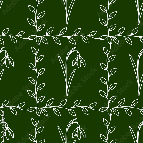 Seamless vector pattern featuring delicate white outlines of snowdrops and leafy branches against a deep forest green background, evoking a serene spring botanical theme.