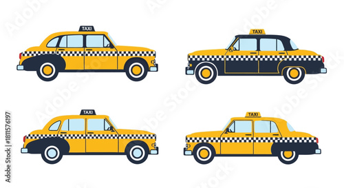 Illustrative depiction of classic yellow taxis in various perspectives