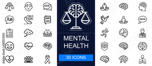 Mental health icon set. Wellness, emotions, therapy, mindfulness, positivity, counseling, stress relief, awareness and more. Thin line vector icons for psychology, support and emotional wellbeing.