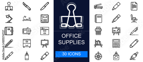 Office supplies icon set. Stationery, organization tools, writing instruments, work essentials, documents, desk accessories and more. Thin line vector icons for offices, businesses and workspaces.