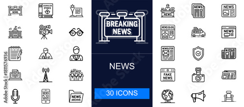 News icon set. Journalism, reporting, media coverage, broadcasting, headlines, press tools, interviews and more. Thin line vector icons for news agencies, media channels and communication industries.