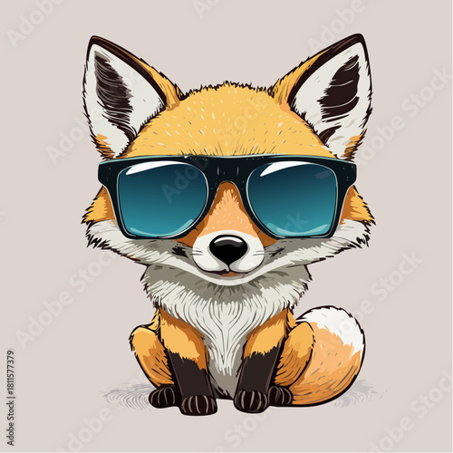 A charming and cool cartoon fox character, wearing stylish sunglasses, sits calmly with a friendly expression, rendered in a delightful illustration perfect for various designs