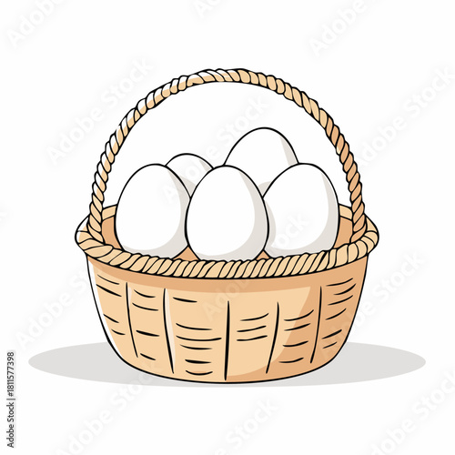 Hand-drawn illustration of fresh white eggs nestled in a rustic wicker basket, perfect for Easter, breakfast, or wholesome farm-to-table food concepts