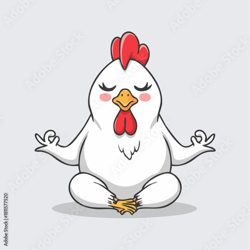 A humorous and cute cartoon illustration of a white chicken sitting in a peaceful lotus yoga pose, eyes closed in deep meditation, embodying tranquility and mindful zen