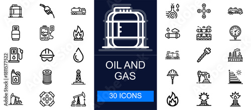Oil and gas icon set. Fuel production, drilling, pipelines, storage, refining, safety tools, transportation and more. Thin line vector icons for energy, petroleum and industrial sectors.