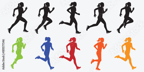 Energetic running female silhouettes in varied poses and colors