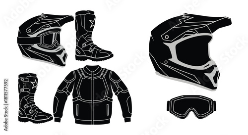 Motocross gear layout helmet boots protective jacket and goggles illustration