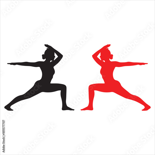 Yoga warrior pose silhouettes, black and red female figures