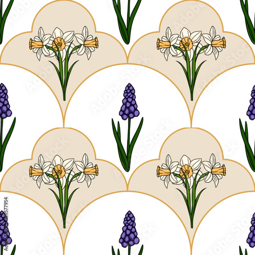 Seamless vector pattern featuring delicate white daffodils and vibrant purple muscari flowers arranged within a repeating art deco fan motif on a soft beige and white background.