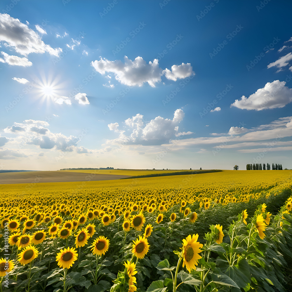 Fototapeta premium A vast field of sunflowers stretching to the horizon under a bright blue sky with fluffy clouds