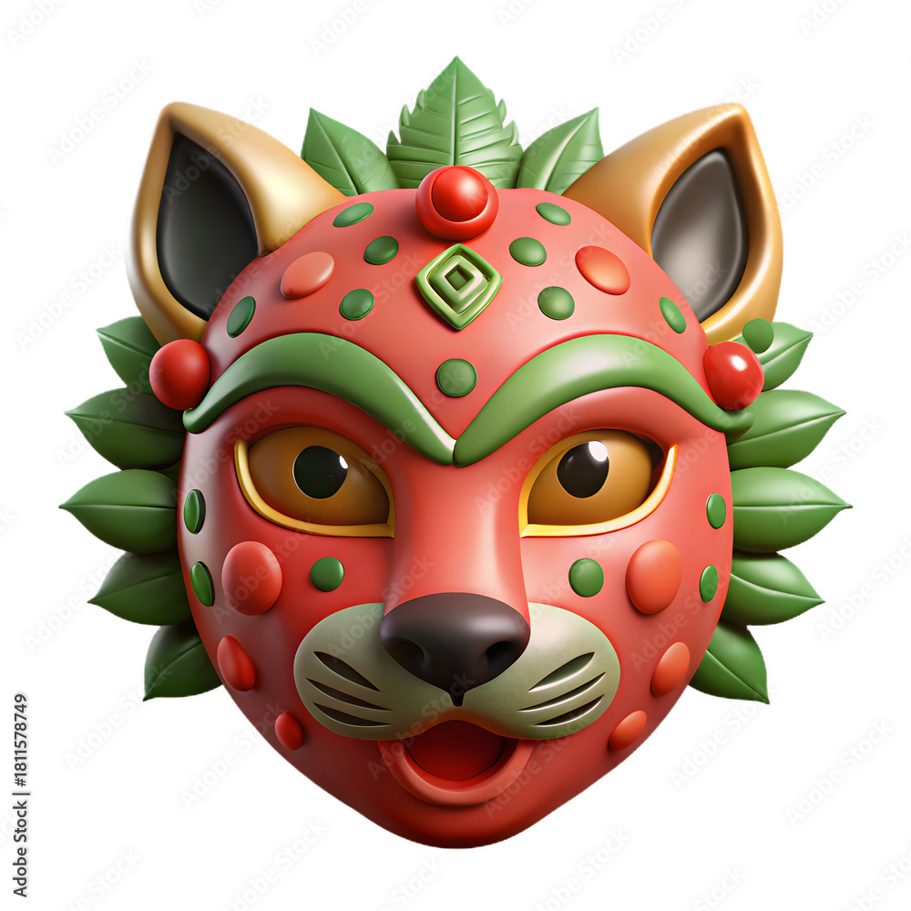 Fototapeta premium Vibrant, stylized jaguar mask with decorative elements. A festive, colorful design against a neutral background.
