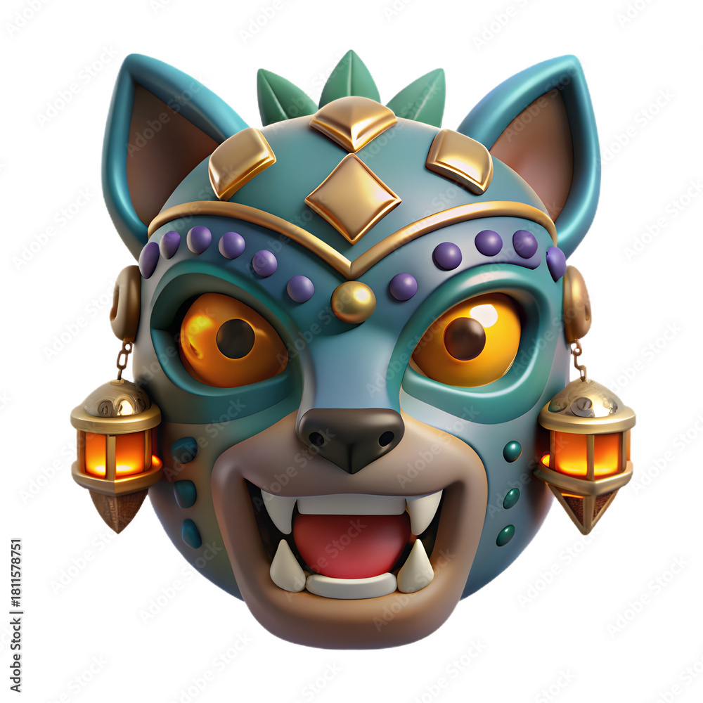 Fototapeta premium Stylized jaguar mask with ornate details, gleaming eyes, and hanging lanterns on a teal backdrop.