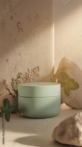 Fresh green skincare cream jar mockup with mint leaves and natural stones