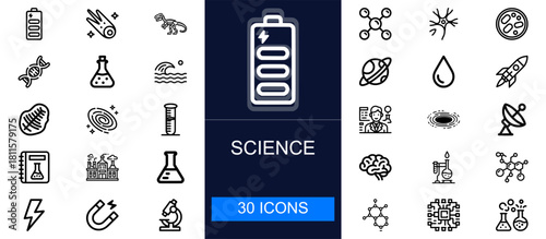 Science icon set. Chemistry, physics, biology, astronomy, molecules, research tools, experiments, energy and more. Thin line vector icons for education, laboratories, innovation and scientific studies