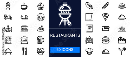 Restaurant icon set. Meals, menus, delivery, desserts, drinks, bakery items, service tools, dining and more. Thin line vector icons for food businesses, cafes, catering and restaurant services.