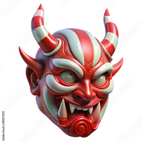 A vibrant, red, horned face with a wide, menacing grin. Striking white pattern adorns its forehead.