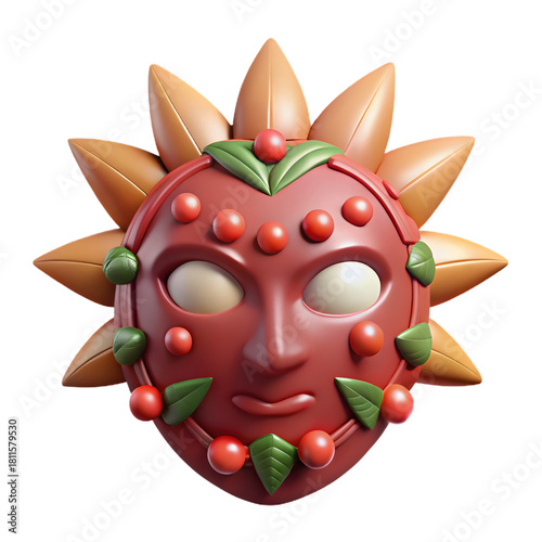 A captivating stylized mask, reminiscent of ancient sun deities, radiates warmth and otherworldly charm.