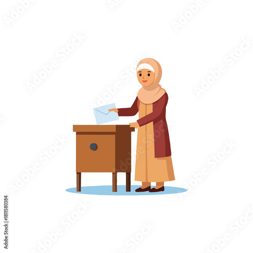 Illustration of a muslim woman wearing hijab casting her vote or submitting an important document