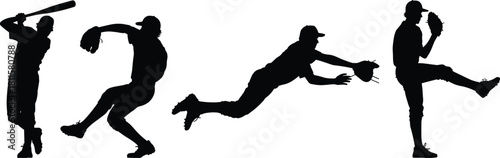 Baseball player silhouette vector set, batting, pitching, catching, dynamic action, sport, game, athletic movement, professional athlete.