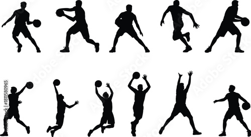 Basketball player silhouette vector set, dribbling, shooting, jumping, sport action, athlete, championship game, dynamic movement, fast pace.