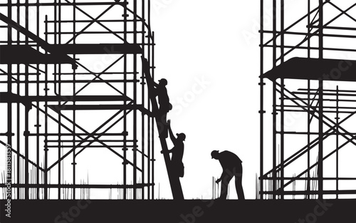 Construction workers silhouetted on scaffolding job