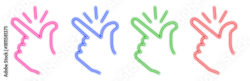 A vibrant set of four colorful neon hand icons, each representing a gesture with glowing outlines on a white background, ideal for digital design and technology themes.