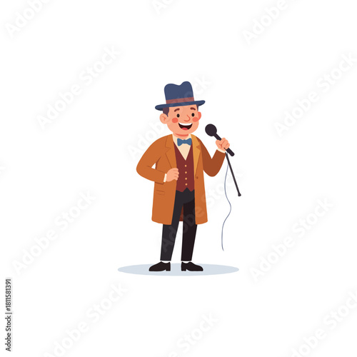 Joyful Cartoon Character Performing with Microphone in Period Costume Embodying Vintage Musical