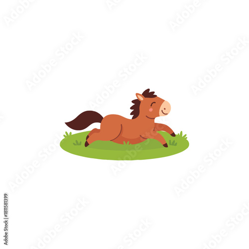 Joyful cartoon horse prancing playfully across a vibrant green meadow illustration perfect for