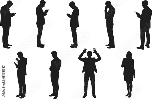Business people using smartphone silhouette vector set, mobile device, digital communication, addiction, networking, executive staff, technology problem.